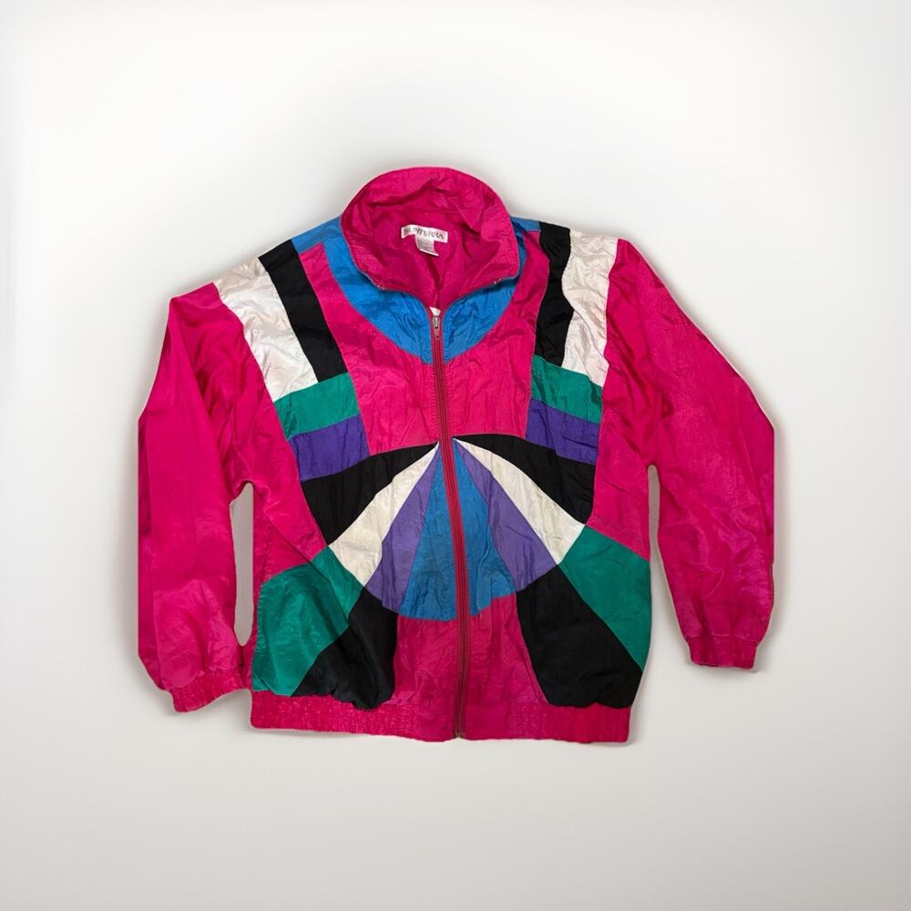 Vintage Sunterra Windbreaker Women's Track Suit Nylon Neon Pink & Blue - Medium